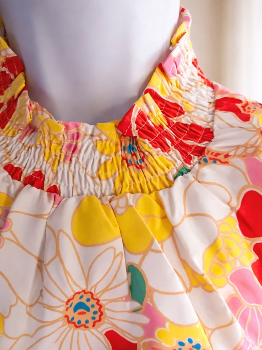 Floral Ruffle Sleeve High-Neck Top - White/Red/Yellow - Picture 3 of 3